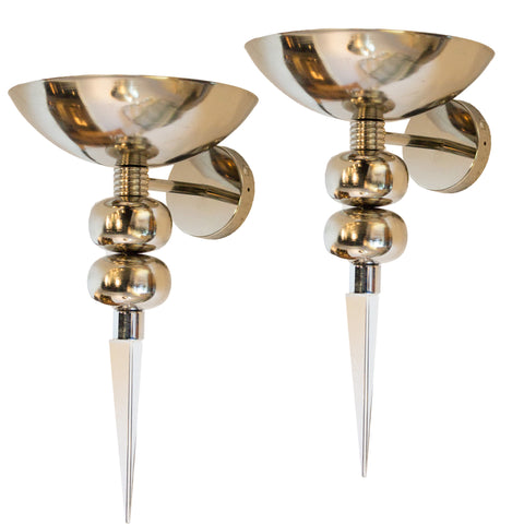 Pair of French Art Deco Sconces in Chrome & Crystal