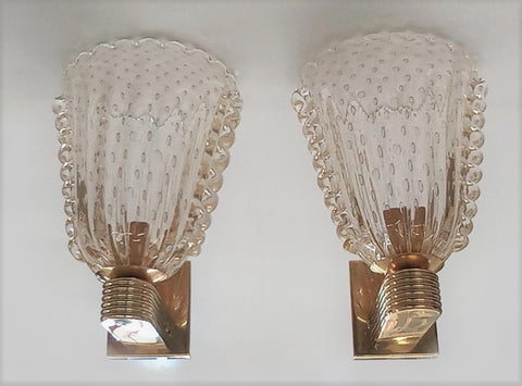 Pair of Pale Gold Murano Sconces with Gold Inclusions and Brass Mounts Circa 1970's