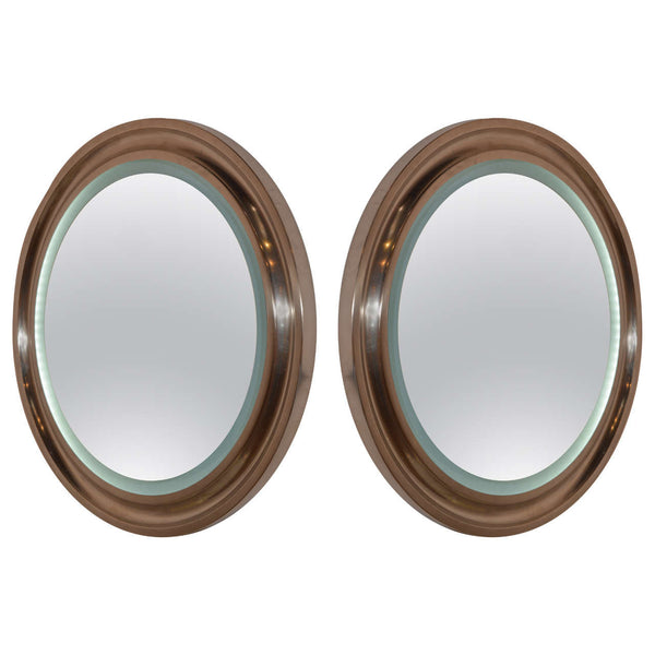 Pair of French Backlit Nickel Plated Brass Mirrors