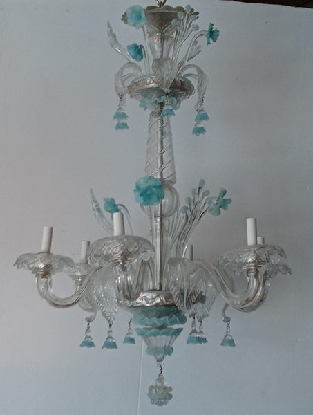 Sky Blue and Clear Venetian Glass Chandelier Circa 1940