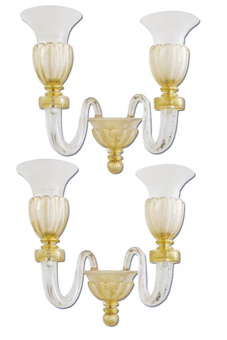 Pair of Gold ,Clear and White Murano Sconces by Venini c. 1930’s