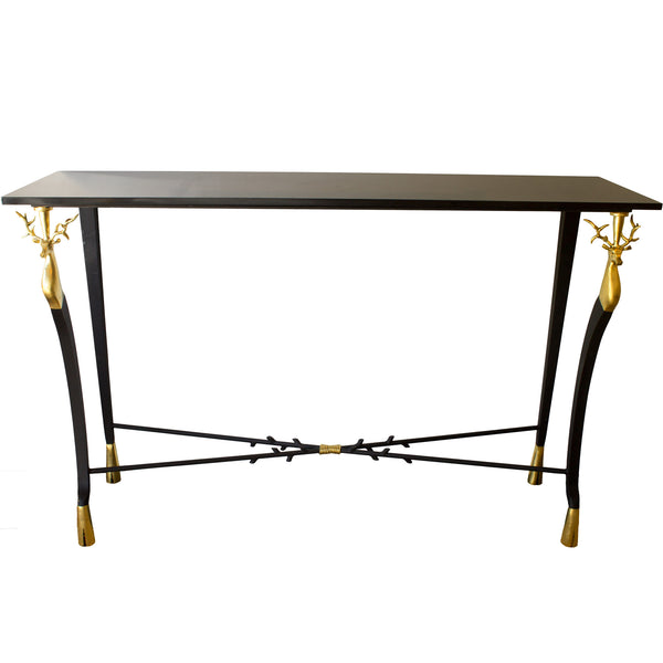 Pair of French 1940’s Style Gilt Iron Consoles with Belgian Black Marble Tops