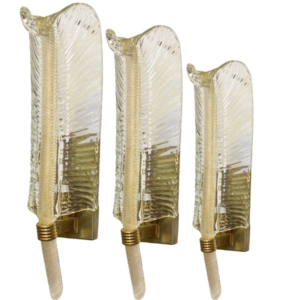 Set of 3 Clear Murano Sconces with Gold Inflections in the style of Andre Arbus