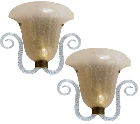 Pair of white opaline and gold Murano sconces, circa 1940