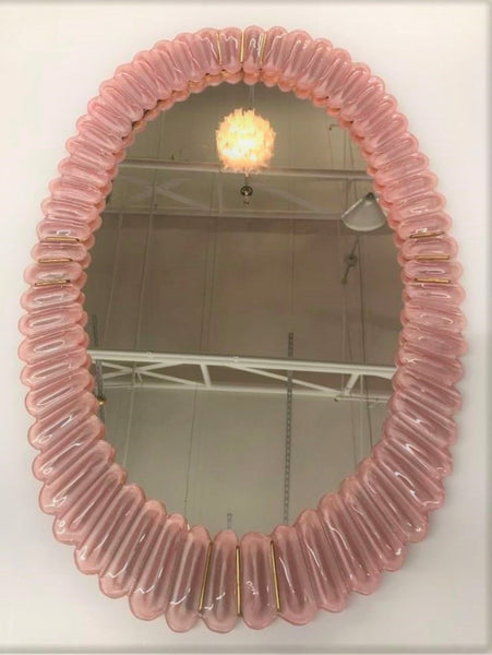 Pair of Large Blush Murano Mirrors with brass accents
