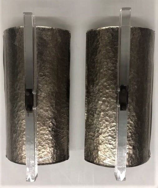 Pair of Moderne Silvered Murano Sconces with patinated brass mounts