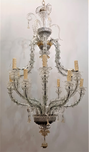 12 light Venetian chandelier in clear glass with gold accents circa, 1920’s