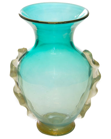 Hand Blown Murano Glass Vase in Teal and Gold c.1940
