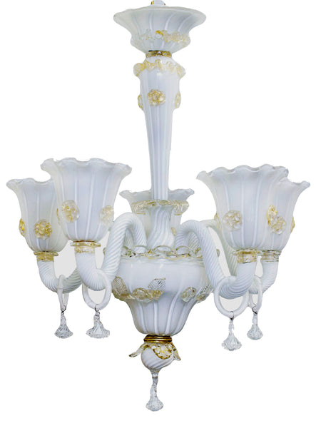 Small White and Gold 5 Arm Murano Chandelier c. 1950